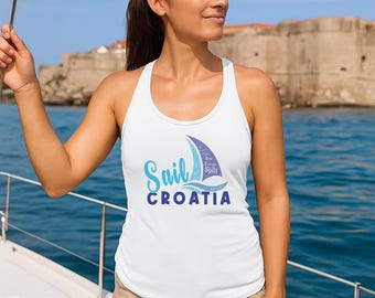 Linne för semester i Kroatien, segelbåtsgrafik (lätt, klassisk passform)