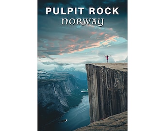 Poster vintage de voyage Pulpit Rock - Cadeau d'impression d'art paysage norvégien rétro pour les amoureux de la nature et les randonneurs