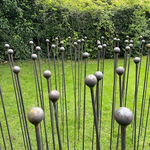 May include: A garden sculpture comprising multiple metal rods, each with a spherical top. The rods are set in grass, creating a textured display. The spheres have a weathered finish. The background features green foliage.