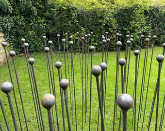 5 X Rusty Metal Plant Stakes (Solid Steel, metal ball) - 100cm, 125cm or 145cm