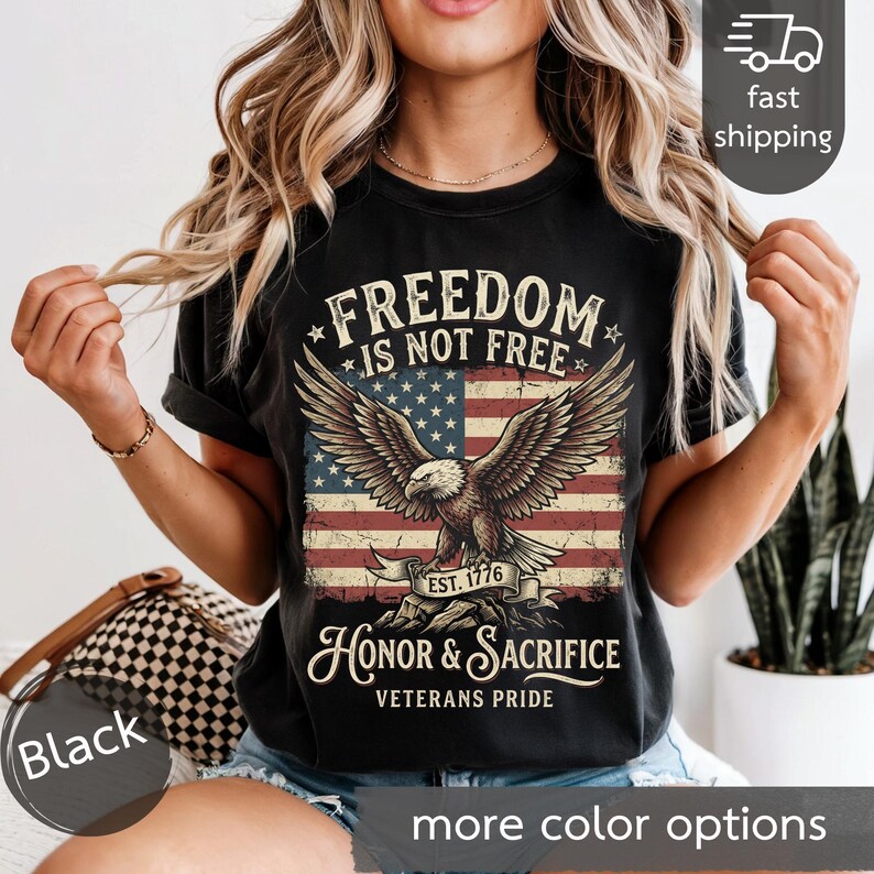 Freedom Is Not Free eagle, American flag T-shirt | Honor & Sacrifice Black