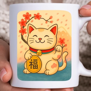 Cherry Blossom Maneki Neko Mug Japanese Lucky Cat Mug Sakura Lucky Cat Lover Gift Japan Lucky Cat Coffee Cup Good Luck Cat Coffee Lover Gift