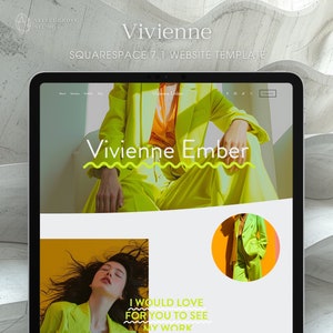 May include: A website template for Squarespace 7.1, featuring a model wearing a bright yellow suit. The website is titled "Vivienne Ember" and includes the text "I would love for you to see my work".