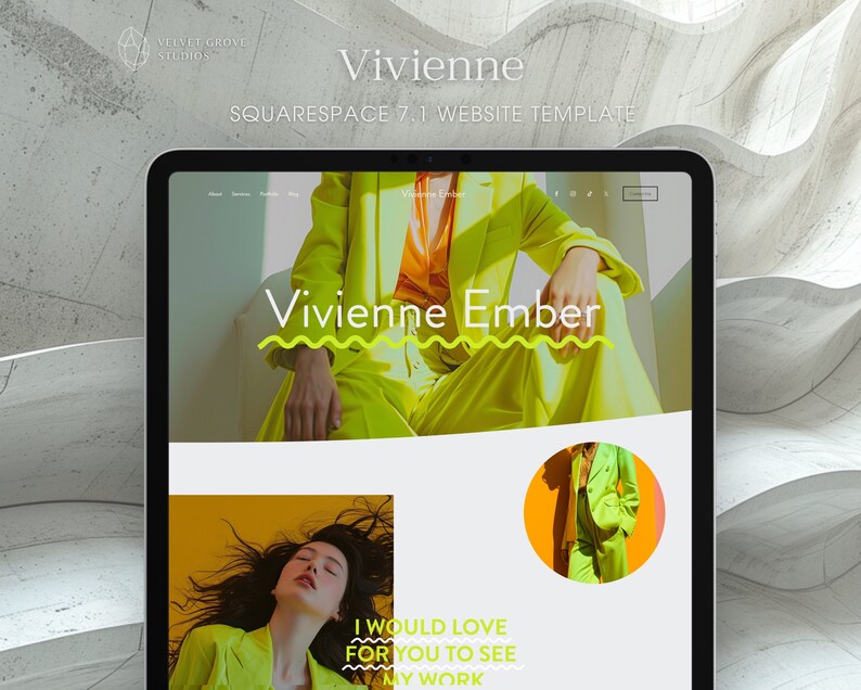 May include: A website template for Squarespace 7.1, featuring a model wearing a bright yellow suit. The website is titled "Vivienne Ember" and includes the text "I would love for you to see my work".