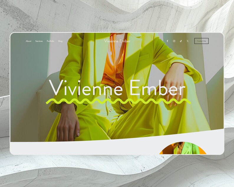 May include: A website homepage featuring a woman wearing a bright yellow suit. The text "Vivienne Ember" is displayed in a large, white font with a wavy green underline. The website navigation bar includes links to "About", "Services", "Portfolio", "Blog", and "Contact Me".