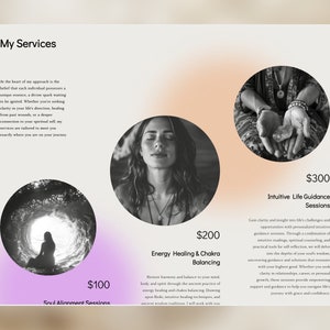 Może przedstawiać: Strona internetowa oferująca usługi duchowe z trzema r&oacute;żnymi opcjami: Sesje Ustawiania Duszy za 100&nbsp;$, Uzdrawianie Energią i Uharmonizowanie Czakr za 200&nbsp;$ oraz Sesje Intuicyjnego Prowadzenia Życia za 300&nbsp;$. Każda usługa jest reprezentowana przez czarno-białe zdjęcie kobiety.
