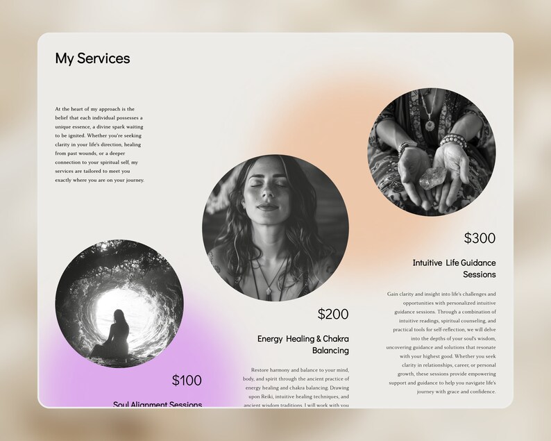 Może przedstawiać: Strona internetowa oferująca usługi duchowe z trzema r&oacute;żnymi opcjami: Sesje Ustawiania Duszy za 100&nbsp;$, Uzdrawianie Energią i Uharmonizowanie Czakr za 200&nbsp;$ oraz Sesje Intuicyjnego Prowadzenia Życia za 300&nbsp;$. Każda usługa jest reprezentowana przez czarno-białe zdjęcie kobiety.