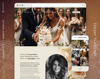 May include: A Squarespace 7.1 website template for Harper Weddings. The website features a wedding cake with floral decorations, a bride and groom cutting the cake, and a gallery of wedding photos. The website's color scheme is neutral with a touch of brown.