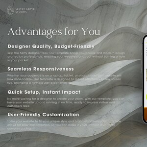 May include: A website template with a gray and white background. The text "Advantages for You" is in a large, bold font. The text "Designer Quality, Budget-Friendly" is in a smaller font. The text "Skip the hefty designer fees! Our template brings you a sleek and modern design crafted by professionals, ensuring your website stands out without burning a hole in your pocket." is in a smaller font. The text "Seamless Responsiveness" is in a smaller font. The text "Whether your audience is on a laptop, tablet, or smartphone, your website will look impeccable. Our template is designed to adapt effortlessly to any screen size, providing a flawless user experience." is in a smaller font. The text "Quick Setup, Instant Impact" is in a smaller font. The text "No more waiting for a designer to create your vision. With our template, you can have your website up and running in no time, ready to impress visitors and customers alike." is in a smaller font. The text "User-Friendly Customization" is in a smaller font. The text "Tailor your website to fit your unique style and brand effortlessly. Our template allows for easy customization, so you can make it yours without diving into complex coding." is in a smaller font. The text "JOIN THE" is in a large, bold font. The text "Subscribe to me" is in a smaller font.