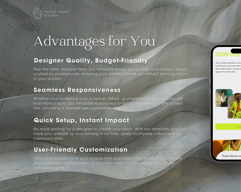 May include: A website template with a gray and white background. The text "Advantages for You" is in a large, bold font. The text "Designer Quality, Budget-Friendly" is in a smaller font. The text "Skip the hefty designer fees! Our template brings you a sleek and modern design crafted by professionals, ensuring your website stands out without burning a hole in your pocket." is in a smaller font. The text "Seamless Responsiveness" is in a smaller font. The text "Whether your audience is on a laptop, tablet, or smartphone, your website will look impeccable. Our template is designed to adapt effortlessly to any screen size, providing a flawless user experience." is in a smaller font. The text "Quick Setup, Instant Impact" is in a smaller font. The text "No more waiting for a designer to create your vision. With our template, you can have your website up and running in no time, ready to impress visitors and customers alike." is in a smaller font. The text "User-Friendly Customization" is in a smaller font. The text "Tailor your website to fit your unique style and brand effortlessly. Our template allows for easy customization, so you can make it yours without diving into complex coding." is in a smaller font. The text "JOIN THE" is in a large, bold font. The text "Subscribe to me" is in a smaller font.