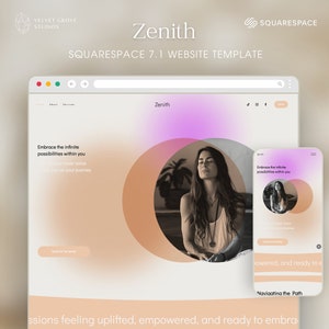 Może przedstawiać: Szablon strony internetowej Squarespace 7.1 o nazwie "Zenith" z jasnobrązowym tłem i kobietą medytującą w środku ekranu. Tekst "Embrace the infinite possibilities within you" jest wyświetlany nad kobietą. Szablon strony internetowej jest przeznaczony dla firmy zajmującej się zdrowiem lub duchowością.