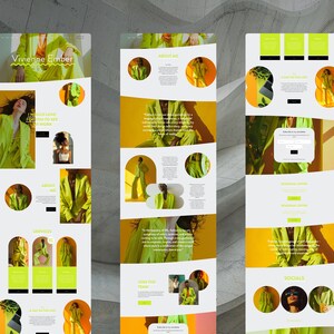 May include: A website homepage for a fashion stylist featuring a bright yellow background with a woman wearing a bright yellow suit jacket. The website includes sections for about me, services, join the team, and social media.