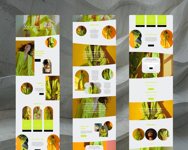 May include: A website homepage for a fashion stylist featuring a bright yellow background with a woman wearing a bright yellow suit jacket. The website includes sections for about me, services, join the team, and social media.