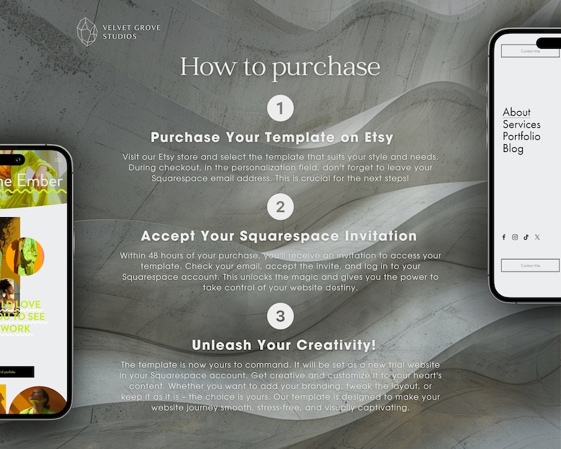 May include: A graphic design tutorial on how to purchase and use a Squarespace website template. The steps include purchasing the template on Etsy, accepting a Squarespace invitation, and unleashing your creativity.
