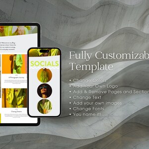 May include: A customizable website template with a green and yellow color scheme. The template features a social media section with the word "SOCIALS" in white text. The template is fully customizable, allowing users to change colors, add their own logo, add and remove pages and sections, change text, add their own images, change fonts, and more.