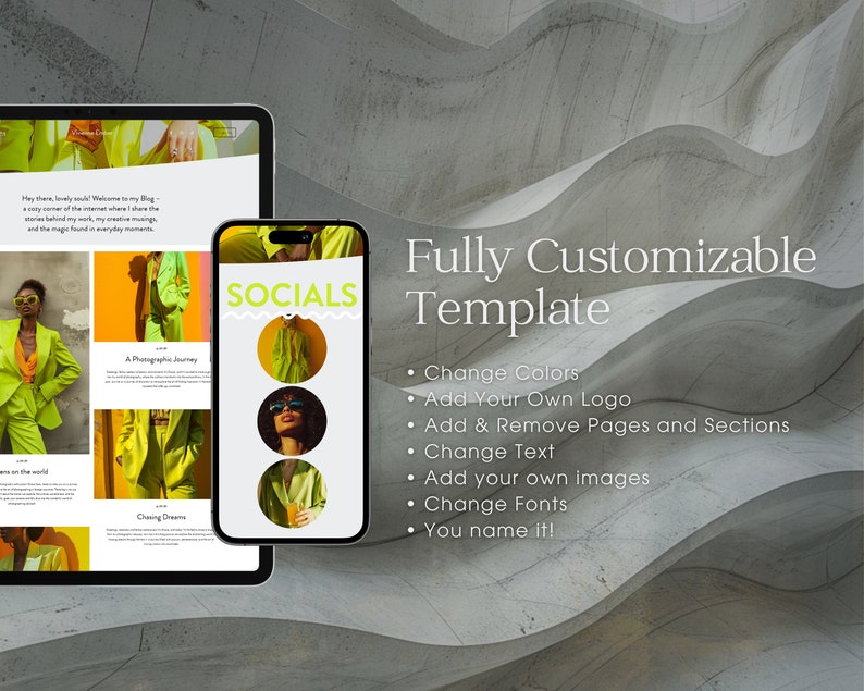 May include: A customizable website template with a green and yellow color scheme. The template features a social media section with the word "SOCIALS" in white text. The template is fully customizable, allowing users to change colors, add their own logo, add and remove pages and sections, change text, add their own images, change fonts, and more.