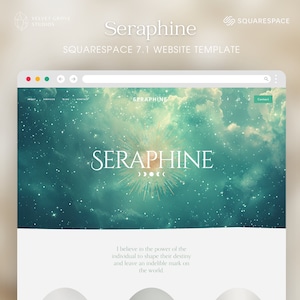 May include: A website template for Squarespace 7.1 with a teal and gold colour scheme. The website features a starry night sky background with the text "Seraphine" in a large, bold font. The text "I believe in the power of the individual to shape their destiny and leave an indelible mark on the world." is displayed below the title.