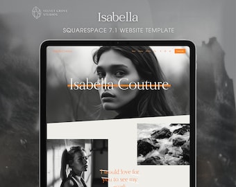 Puede incluir: Una plantilla de sitio web para Squarespace 7.1, con una foto en blanco y negro de una mujer y el texto "Isabella Couture" en naranja.