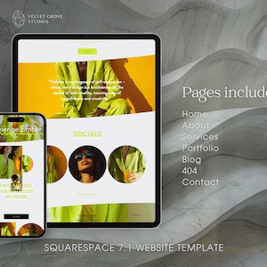 May include: A website template for Squarespace 7.1, featuring a yellow and green color scheme. The template includes pages for Home, About, Services, Portfolio, Blog, 404, and Contact. The text "Fashion is my language of self-expression - where every design is brushstroke on the canvas of individuality, weaving tales of confidence and creativity." is displayed on the homepage.