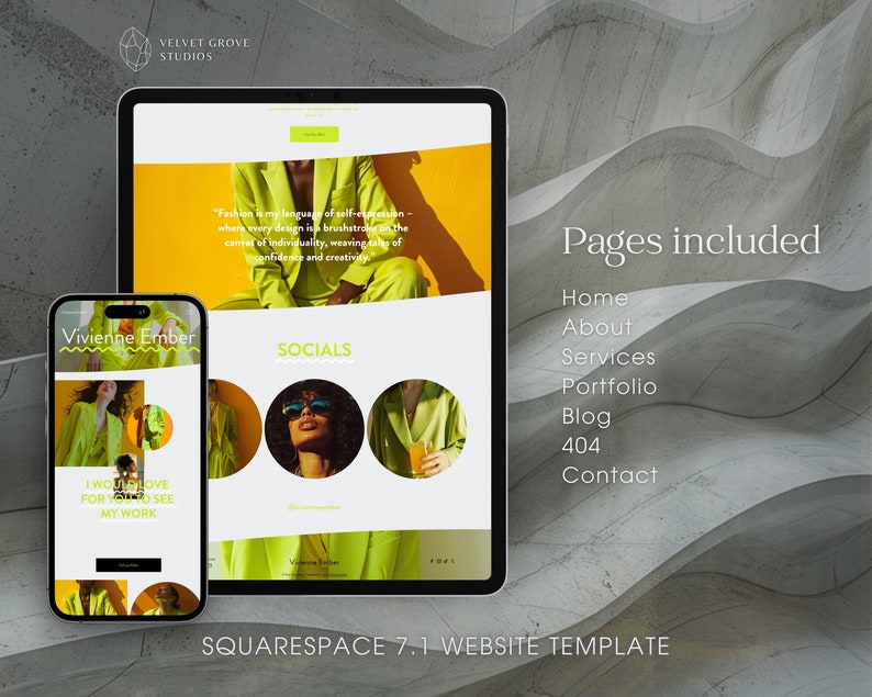 May include: A website template for Squarespace 7.1, featuring a yellow and green color scheme. The template includes pages for Home, About, Services, Portfolio, Blog, 404, and Contact. The text "Fashion is my language of self-expression - where every design is brushstroke on the canvas of individuality, weaving tales of confidence and creativity." is displayed on the homepage.