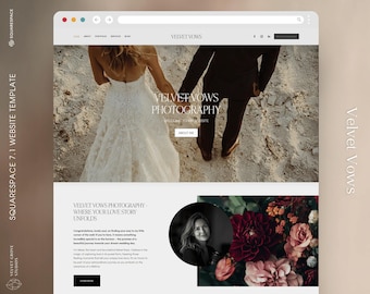 May include: A website template for Squarespace 7.1, featuring the text "Velvet Vows Photography." The design includes a photo of a couple holding hands, a section with text, and a photo of a woman. The color scheme is neutral with a touch of brown.