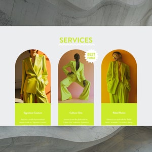 May include: A website page with the title "SERVICES" and three images of models wearing bright yellow suits. The text below each image describes the services offered: "Signature Couture", "Culture Chic", and "Rebel Remix". A yellow star with the text "BEST PRICE" is in the top right corner.