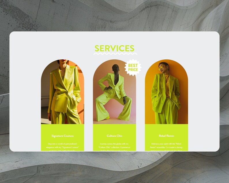 May include: A website page with the title "SERVICES" and three images of models wearing bright yellow suits. The text below each image describes the services offered: "Signature Couture", "Culture Chic", and "Rebel Remix". A yellow star with the text "BEST PRICE" is in the top right corner.