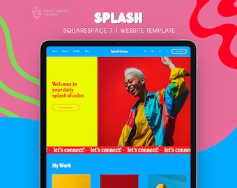 Puede incluir: Una plantilla de sitio web para Squarespace 7.1 llamada "Splash Canvas". La plantilla presenta un diseño brillante y colorido con una mujer que lleva una chaqueta colorida y una camisa amarilla. El texto "Bienvenido a tu splash de color diario." se muestra en un fondo amarillo.