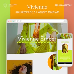 May include: A website template for Squarespace 7.1, featuring a woman wearing a bright yellow suit and the text "Vivienne Ember". The website design is modern and minimalist, with a focus on showcasing the woman's work.