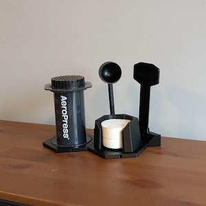 Modular, Adaptable Aeropress Holder with Slots for Paper Filters, Spoon, and Stirrer