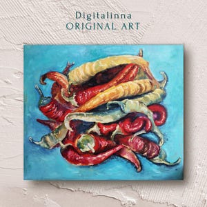Pimientos picantes de colores, cocina, restaurante, pizzería, pintura al óleo, lienzo, pimientos, comida italiana mexicana, decoración de pared de cocina, regalo, chef, verduras