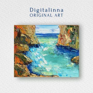 Zeegezicht schilderij azuurblauwe zeekust olieverfschilderij bergen rotsen abstracte storm kunst natuur oceaan macht Impasto kunst olieverf 8 bij 10 handgeschilderd