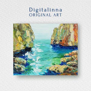 Zeegezicht schilderij bergen rotsen zeekust olieverfschilderij abstracte storm kunst natuur oceaan power impasto kunst olieverf 8 bij 10 handgeschilderd