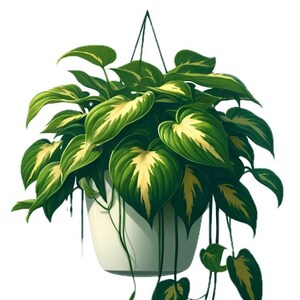 Könnte beinhalten: Eine Hängepflanze mit grün-gelb panaschierten Blättern in einem weißen Topf.