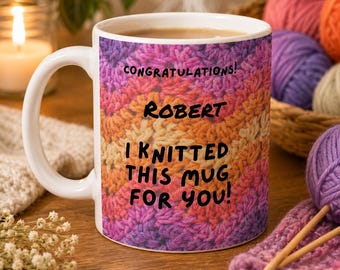 Personalized Knitting Mug: Colorful Pattern, Custom Name - Gift for Knitters