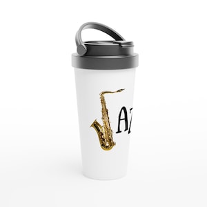 Jazz Travel Mug: Stainless Steel Coffee Cup with Saxophone Design