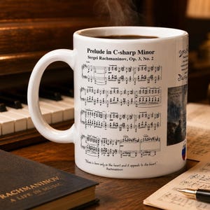 May include: A white ceramic mug filled with coffee, featuring musical notes and text from Rachmaninov's Prelude in C-sharp Minor. The mug also has the text "Music is born only in the heart and it appeals to the heart".