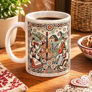 Pode incluir: Uma caneca de cerâmica branca com uma ilustração colorida de arte popular de músicos tocando instrumentos de corda e acordeões num cenário de aldeia. O design inclui casas estilizadas, motivos florais e bordas geométricas em vermelho, verde e branco.