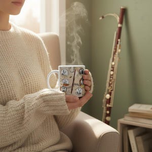 May include: A white ceramic mug with portraits and musical instrument illustrations. The mug is held by a person wearing a cream-coloured jumper. Steam rises from the mug, suggesting a hot drink. A bassoon leans against a green wall in the background.