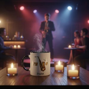 Taza de cerámica blanca de 325 ml con diseño de saxofón: Soy Sax-y. Regalo ideal para amantes de la música o como regalo de cumpleaños.