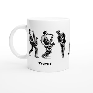 Personalized Saxophone Mug: Musical Sketch Design, Custom Musician Gift