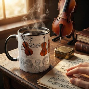 Puede incluir: Una taza de café blanca con asa negra, con ilustraciones de violines, notas musicales y retratos de compositores. Una taza de café humeante está sobre una mesa de madera junto a un violín, partituras y una pequeña caja de latón.
