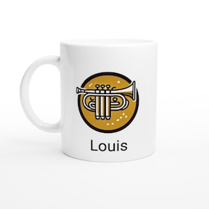 Caneca de trompete personalizada com nome - Xícara de café de cerâmica personalizada com 11 letras e logotipo de trompete - Presente perfeito para trompetistas e amantes da música