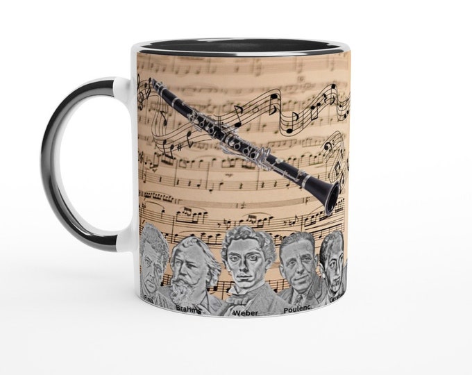 CLARINET COMPOSER MUG - White 11oz Ceramic Mug with Color Inside Present for music enthusiast, birthday gift, band practice
