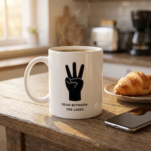 May include: A white ceramic coffee mug featuring a black hand gesture showing three fingers. The text "READ BETWEEN THE LINES" is below the graphic. The mug is on a wooden table with a croissant and a smartphone.