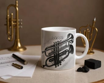 Taza de trompeta personalizada: dibujo a carbón, regalo para amantes de la música