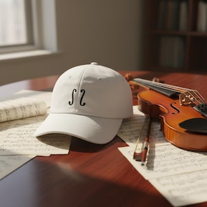 Peut inclure: Une casquette de baseball blanche avec un motif en forme de violon noir est posée sur une table en bois. Un violon et des partitions sont également présents. La casquette a une visière incurvée et un bouton. Le violon est brun avec des cordes noires.