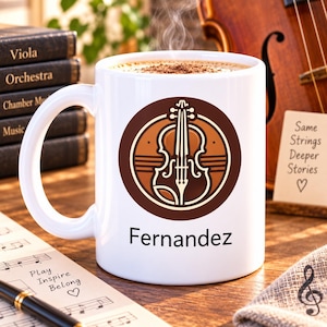 May include: A white ceramic mug filled with a hot beverage, featuring a brown circular graphic of a violin and the text "Fernandez" printed on the front. The mug is positioned near musical scores, a stack of books, and a wooden violin.