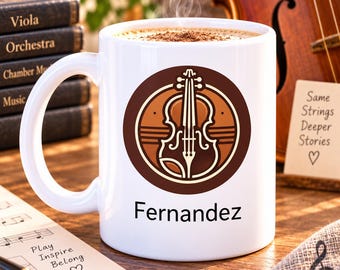 May include: A white ceramic mug filled with a hot beverage, featuring a brown circular graphic of a violin and the text "Fernandez" printed on the front. The mug is positioned near musical scores, a stack of books, and a wooden violin.