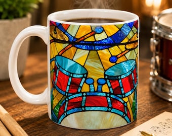 Colorful Stained Glass Mosaic Drums Mug - 11oz White Ceramic Mug for Musicians - Dishwasher Safe